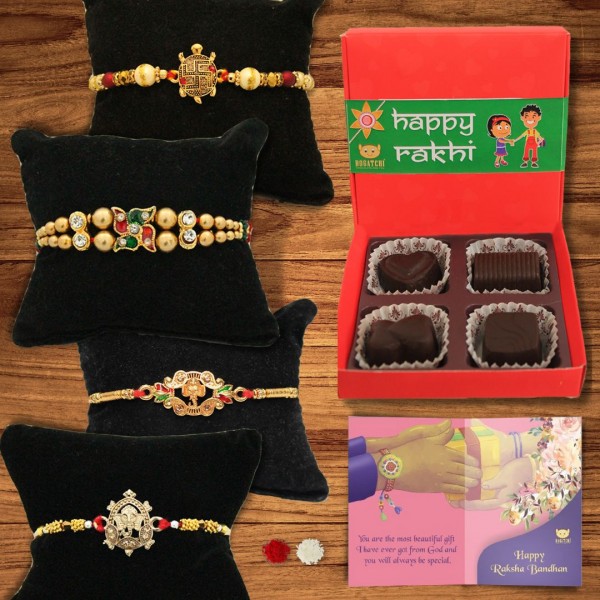 BOGATCHI 4 Chocolate Box 4 Rakhi Roli Chawal and Greeting Card F | Rakhi Special Chocolates | Rakhi Gift for Sister 